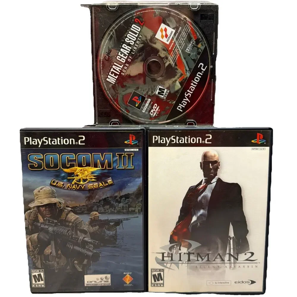 PS2 3 Game Lot Socom II CIB Hitman 2 Silent Assassin Metal Gear Solid 2 Disc